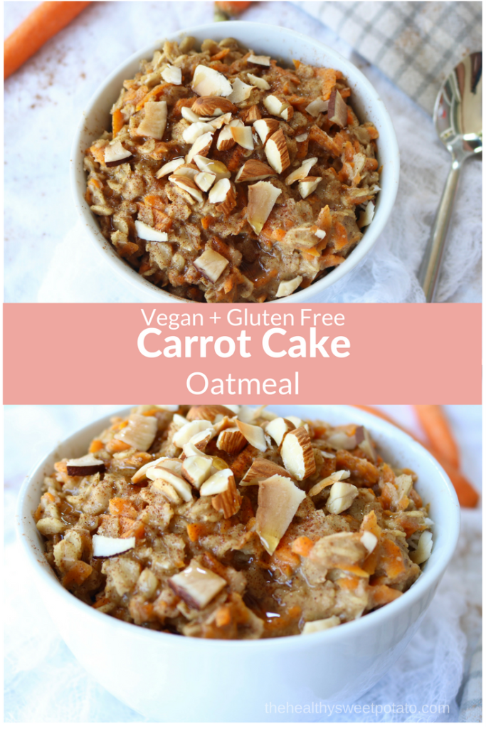 Healthy and easy carrot cake oatmeal breakfast recipe. This delicious oatmeal is vegan, gluten free, and sweetened with only maple syrup. Overnight oats and microwave options provided.