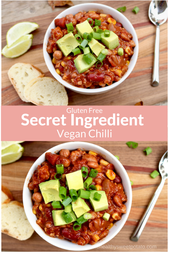 This secret ingredient chilli recipe is the best vegan chilli you will ever make. It is healthy, hearty and tastes absolutely delicious. It is super easy and also gluten-free.