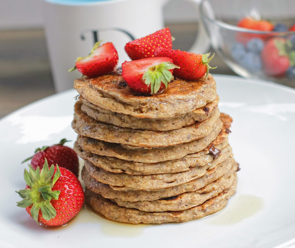 (Vegan + GF) These Banana Oatmeal Chocolate Chip Pancakes are gluten-free and vegan! They are a "healthier" version of your traditional stack as they pack more fibre!