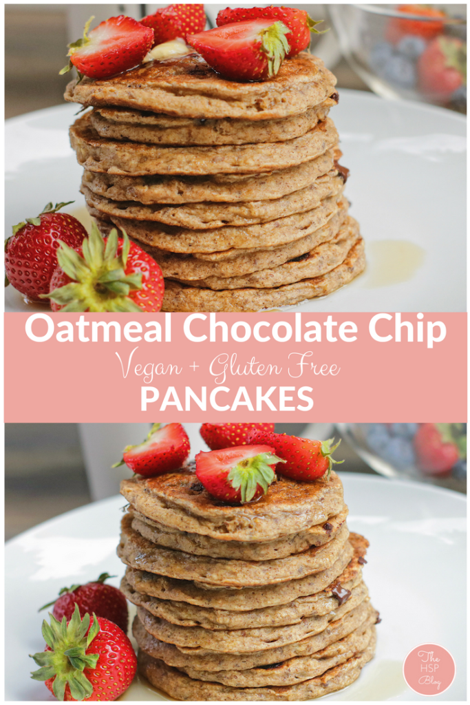 (Vegan + GF) These Banana Oatmeal Chocolate Chip Pancakes are gluten-free and vegan! They are a "healthier" version of your traditional stack as they pack more fibre!